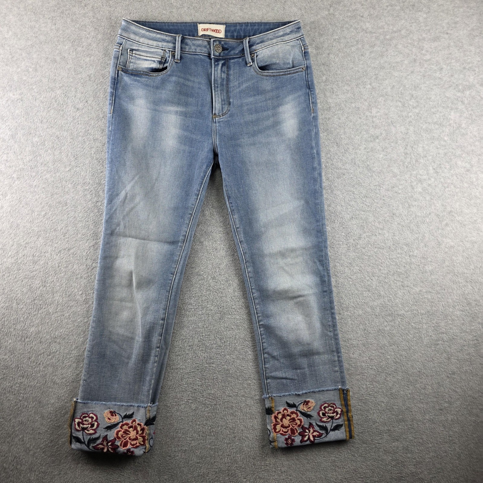 Driftwood Colette Skinny Jeans Womens 29 Blue Embroidered Cuffed Stretch