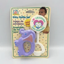 Baby Rattle Set Nursery Needs 1995 Sealed Purple Elephant I Love Grandma Grandpa