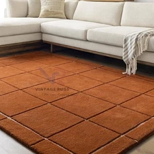 Burnt Orange Wool Rug 8x10 – Hand-Tufted Grid Carpet for Living Room & Bedroom