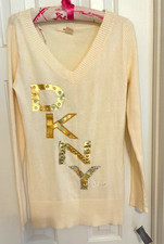 New DKNY Jeans Cream Long Sleeve V Neck Knit Sweater
