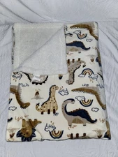 DTU INC Baby Blanket Brown Sherpa Dino Dinosaur Rainbow Cloud Volcano