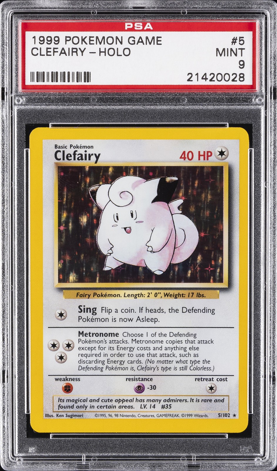1999 POKEMON BASE SET UNLIMITED #5 CLEFAIRY-HOLO PSA 9