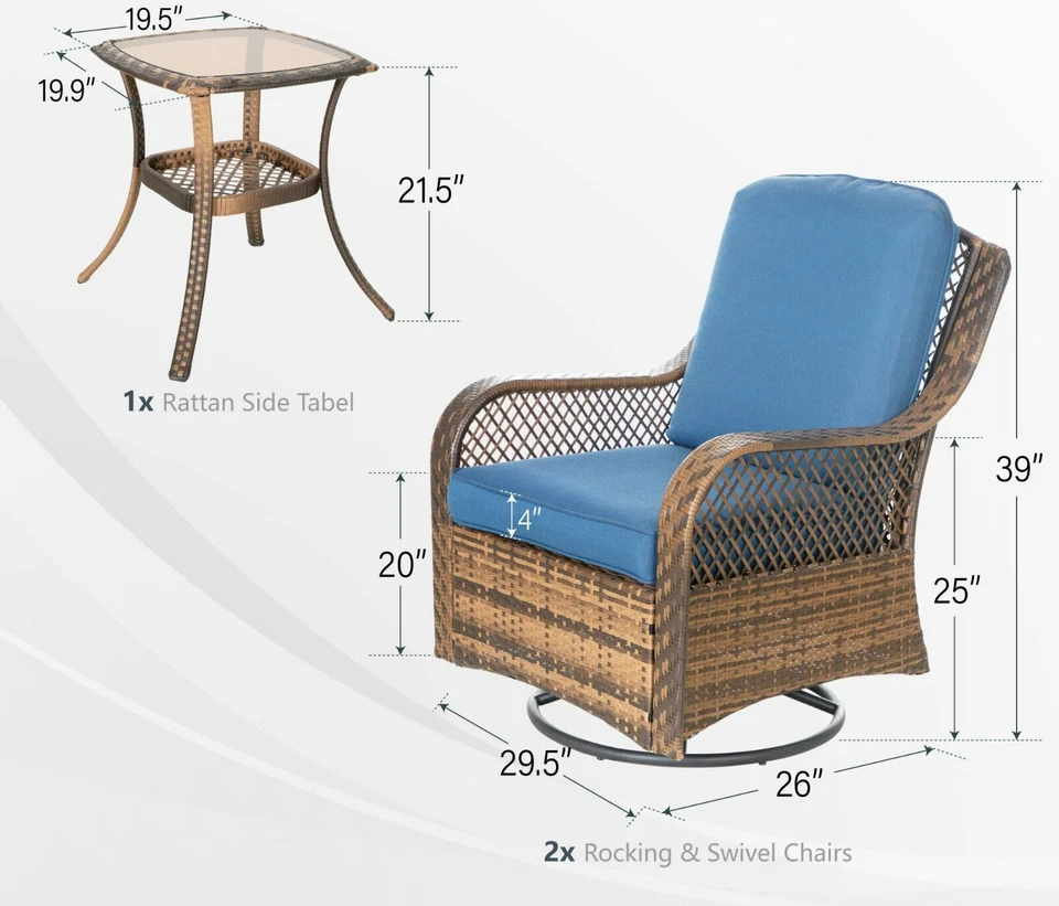 Негабаритный комплект уличной плетеной мебели для патио из 3 предметов ротанг поворотные стулья-качалки - Изображение 2 из 4