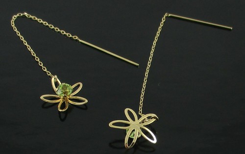 14K Yellow Gold Peridot Flower Threader Earrings - Picture 9 of 12