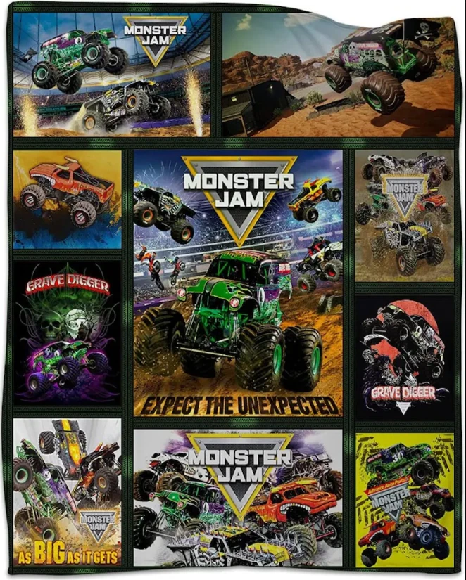 Monster Trucks Fleece Blanket for Kids Boys Sport Funny Trucks Fleece Blankets