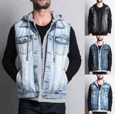 NWT Victorious washed Layered Hooded Denim Vest Sleeveless Jacket DK110