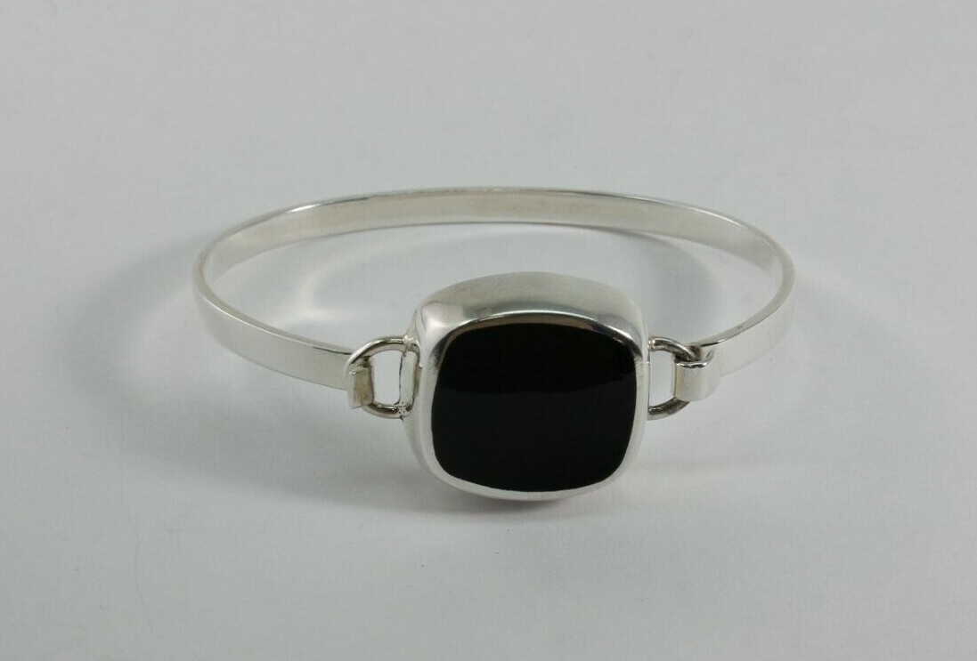 Vintage Mexico Sterling Silver Black Onyx Inlay Bangle