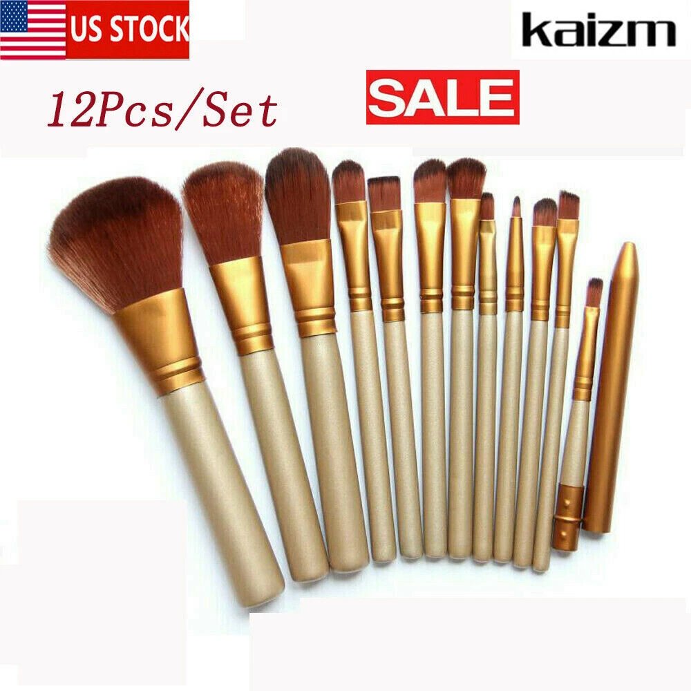 12Pcs Make Up Brushes Tool Makeup Foundation Blusher Brown Gold New 100Set Hot