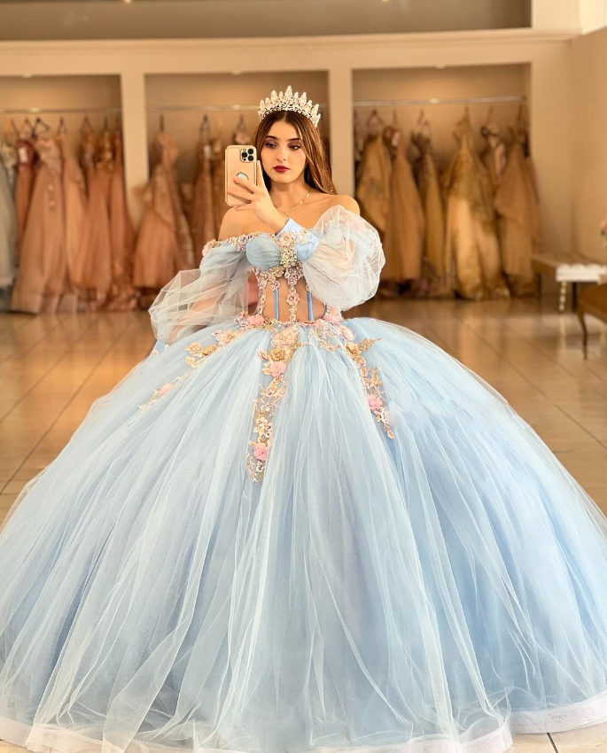 Light Blue Quinceanera Dresses 3D Flowers Half Sleeves Party 15 16