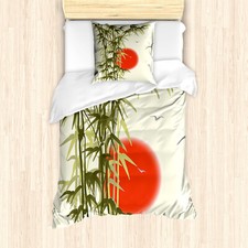 Bambus Bettwäsche Set Asian Zweig auf Sonnenuntergang Vögel Weicher Microfase...