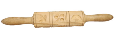 Vintage All Wood Springerle Embossed  Rolling Pin Bird Fish Fruit 13''