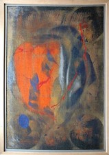 Jozsef Toth *1944: Abstraktion Orange auf Ocker Gemälde  Sackleinen Ausstellung
