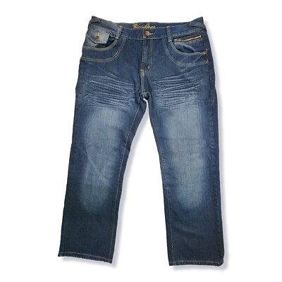 激レアG-RAP Casual-One Walking the Earth Vintage LRG Blue Jeans Mens 36 x 30 y2k Baggy Hip Hop Embroidered
