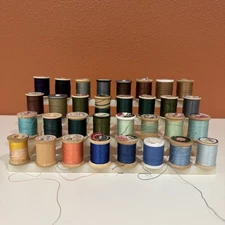 Lot of 31 Vintage Wooden Spools of Thread w/ Rack - Various Sizes and Brands-