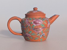 Antique Chinese 19th Century Miniature Yixing Pottery Teapot Signed Handpainted