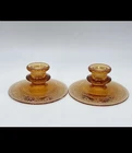 Vintage Pair Fostoria Royal Amber Depression Glass Candlestick Holders Etched