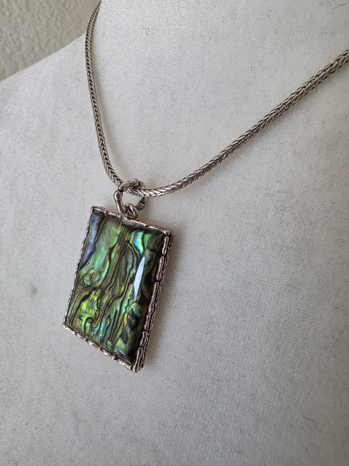 Rectangle Pendant Silver Tone Abalone Necklace Bl… - image 1