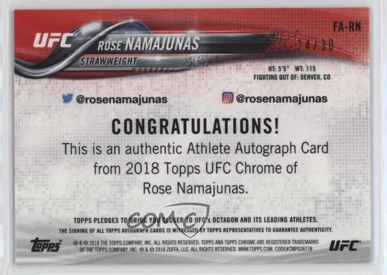 2018 Topps Chrome UFC Fighter Auto Octa-Fractor /30 Rose Namajunas #FA-RN Auto - Image 2 of 2