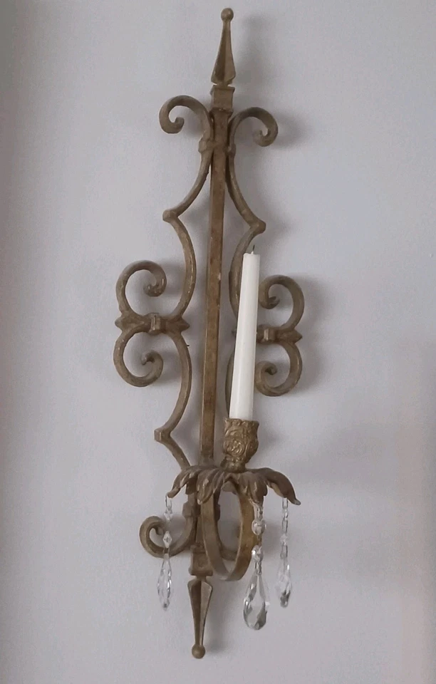 Heavy Large Gilt Wrought Iron Sconces with Crystals - Image 4 of 4