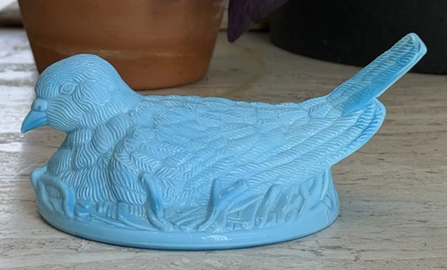 Vintage Westmoreland Blue Milk Glass Bird on Twig Nest Candy Dish TOP Only WMG