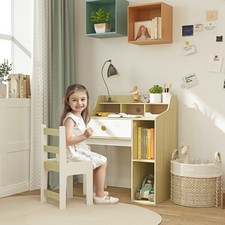 Kids Desk and Chair Set with Storage Shelves, Drawer, White