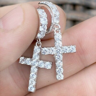 Diamond Cross Hoop Earrings Mens 14K Yellow Gold Diamond Cross