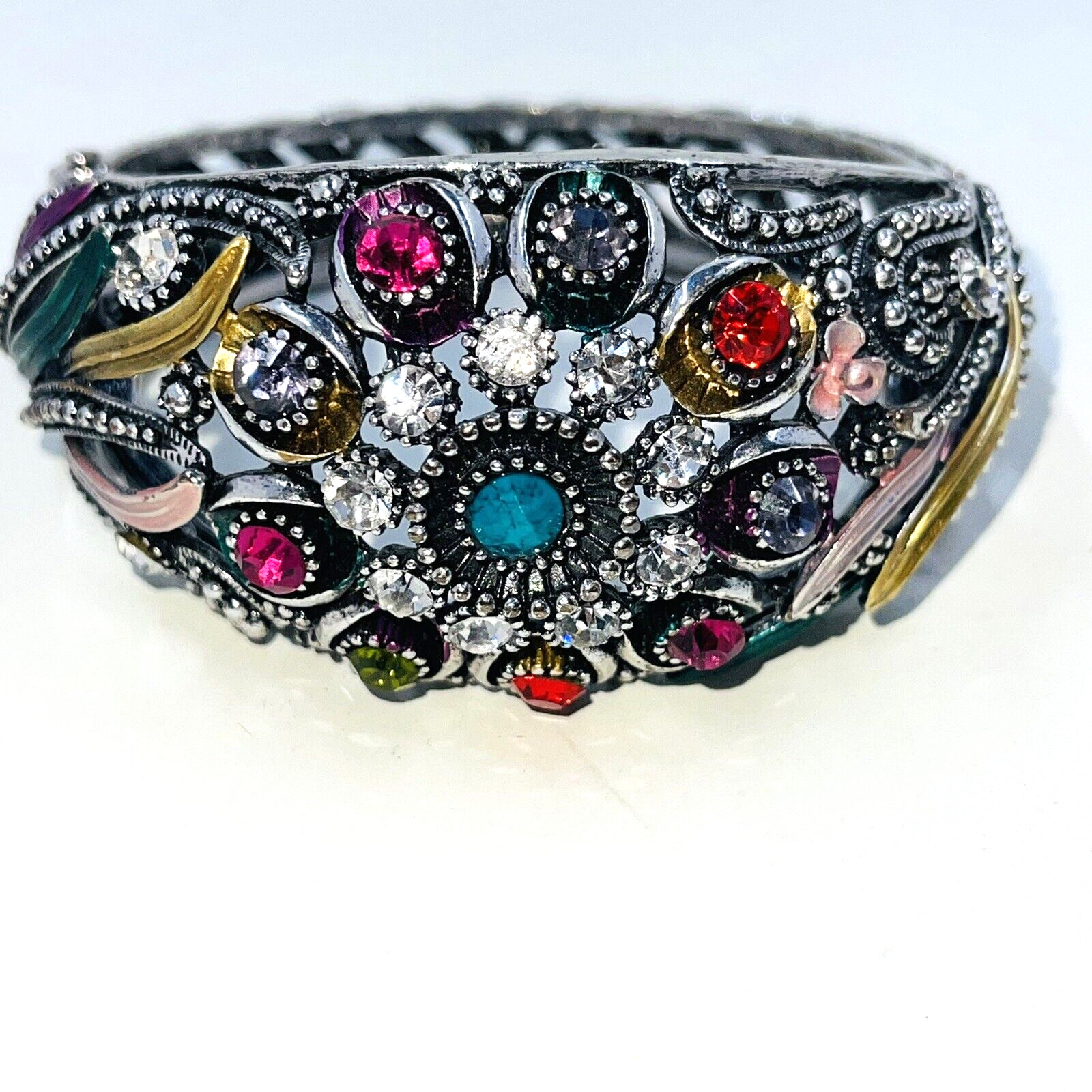 Rhinestone Hinged Bracelet Bangle Silvertone Red … - image 7