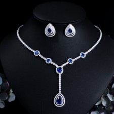 Blue Long Drop for Brides Wedding Necklace Earrings Silver Plated CZ Jewelry Set