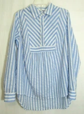 Crown & Ivy Blue Striped Long Roll Tab Sleeve Button Front Shirt Small NWT