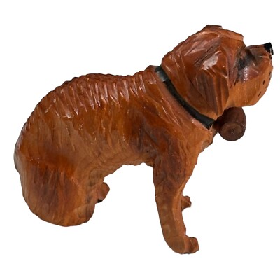 Old Folk Art Hand Carved Wood Dog Figurine Saint Bernard w/Brandy Barrel