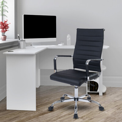 High Back Ribbed Office Chair Computer PU Height Adjustable Rolling Swivel Black