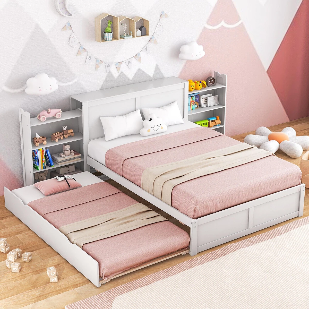 Full Wooden Platform Bed with Trundle Storage Headboard Pull Out