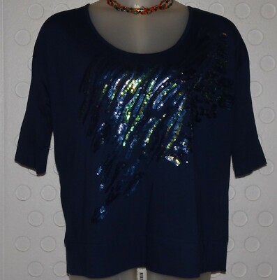Lane Bryant Sequin Scoop Neckline Cotton Blend Tee Top 14 /16 Navy Blue XL 