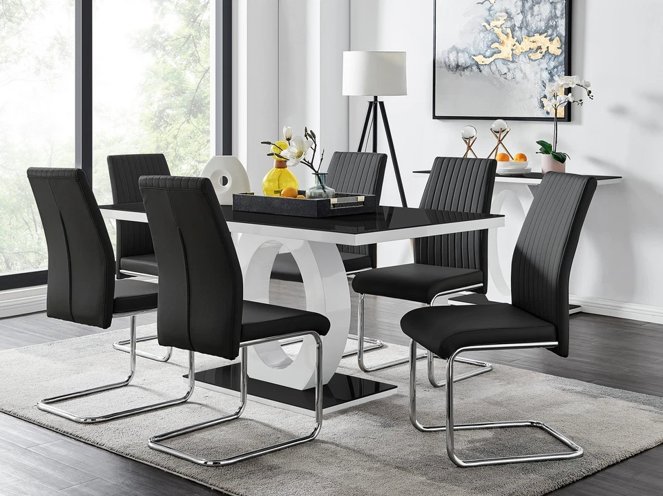 GIOVANI White Gloss Black Glass Dining Table & 6 Faux Leather Dining Chairs