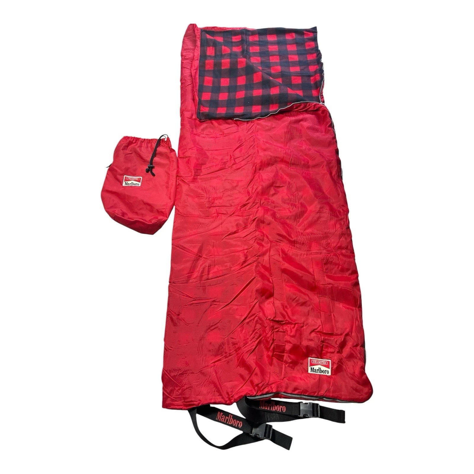 Vintage Marlboro Unlimited Camping Sleeping Bag Red Plaid Fleece With Carry Bag