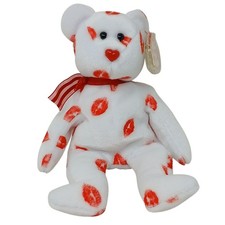 Ty Beanie Babies Smooch Bear 9" White Plush Red Lips Heart Nose 2000 S1-C