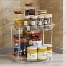 2 Tier Clear Lazy Susan Spice Rack Organizer Rotating Turntable Cabinet Pantry
