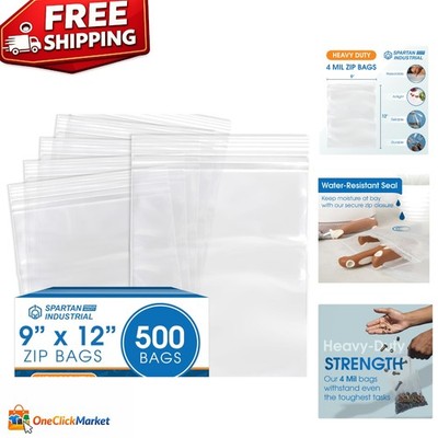 500 Count 9'' x 12'' Heavy Duty Clear Resealable Zip Plastic Bags - 4 Mil Thick