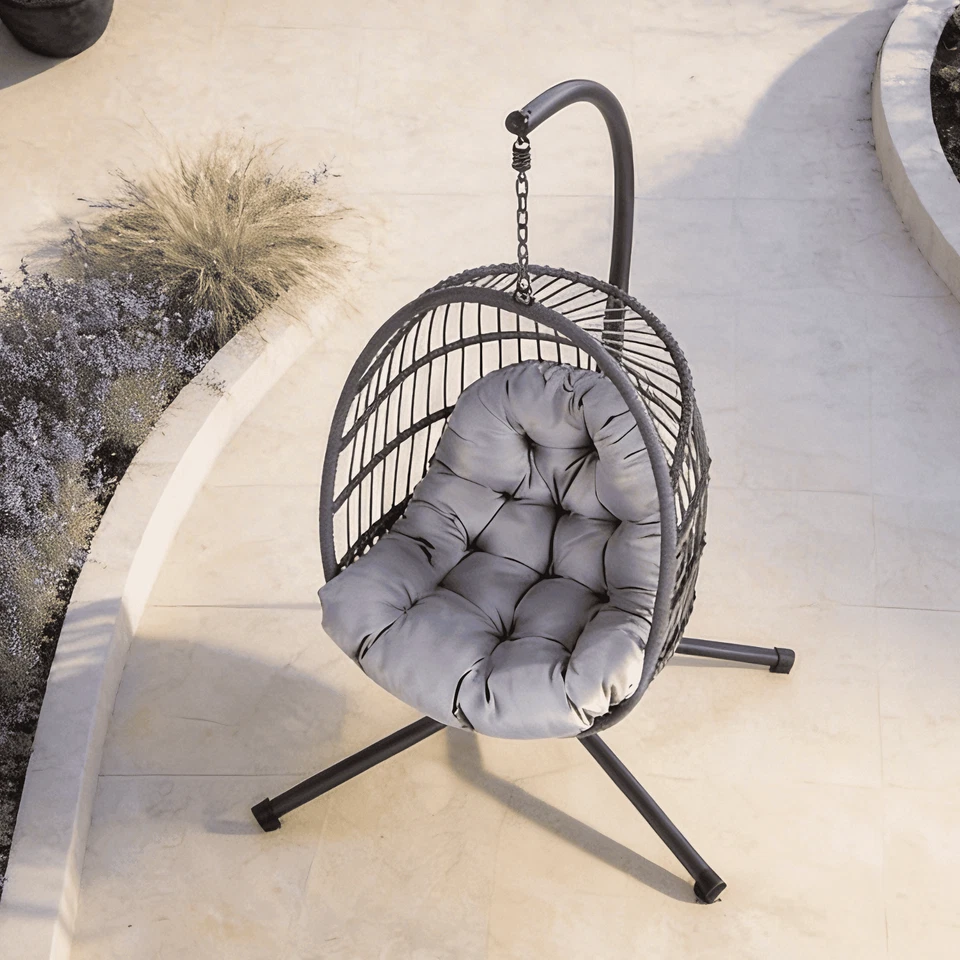 Hanging Egg Chair Rattan Black Waterproof Dark Grey Cushion Garden Outdoor Seat - Image 2 of 4