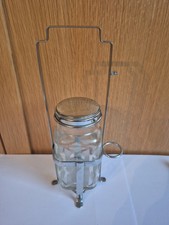 Vintage Glass Sugar Jam Pot With Metal Stand Holder Etched Retro Condiment Jar