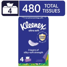 Kleenex Ultra Soft Facial Tissues, 4 Flat Boxes, 120 Tissues per Box, 3-Ply