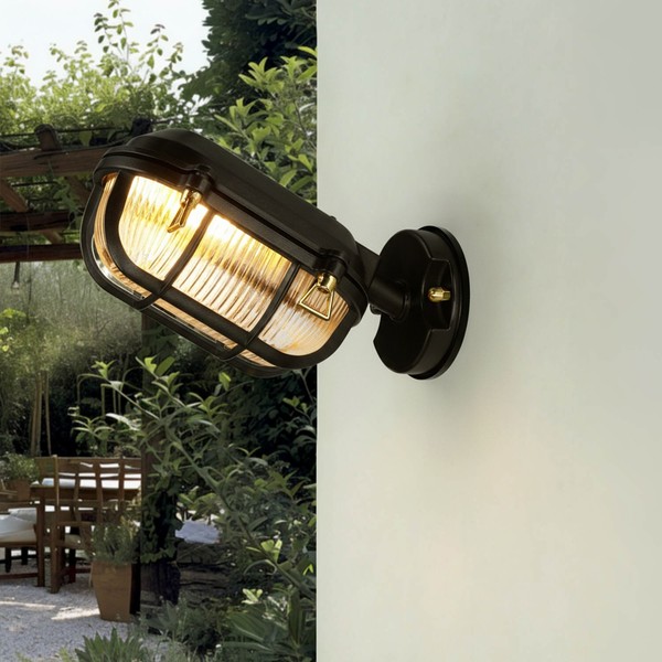 AußEnwandleuchte Schwarz E27 Echt-Messing Glas 15,5 Cm Hoch IP64 Maritim Lampe-image