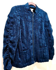 Chicos Blazer jacket lightweight full zip size 1 blue green fabric sheen ruched