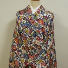 Bingata Flowers Birds Kimono White Silk Size M Japan