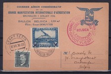 [LM77689] Belgium Postal Card N°PA1 Balloon mail 10/07/1936 UNG
