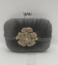 Silver Gray Pleated Evening Clutch Rhinestone Floral Accent Chain Strap Purse