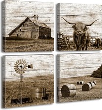 Rustic Highland Cow Wall Art Set   4-Piece Farmhouse Canvas Decor 12x12