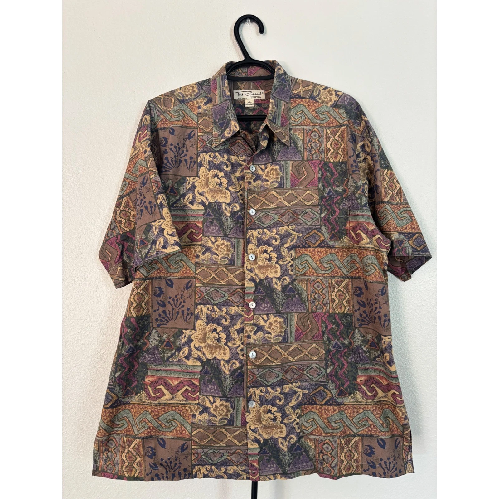 Tori Richard Mens Large Cotton Lawn Abstract Geometric Floral Button Down Shirt