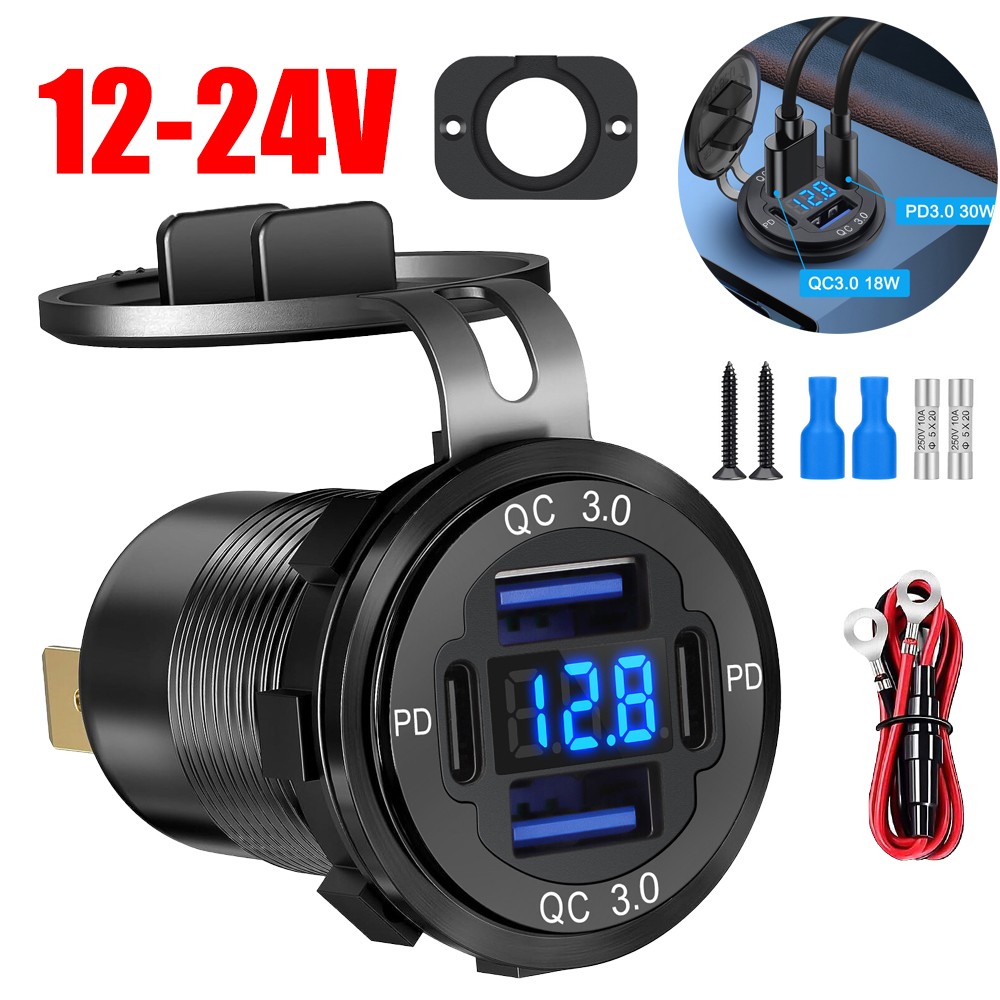 12-24V 4 Port Fast Car Charger QC3.0 & PD USB C Outlet Socket for Boat RV Marine