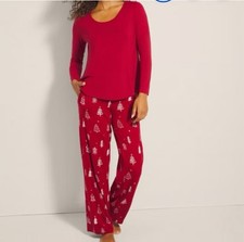Soma Women's Cool Nights Long Sleeve Pajama Pant Set Large Holiday Red